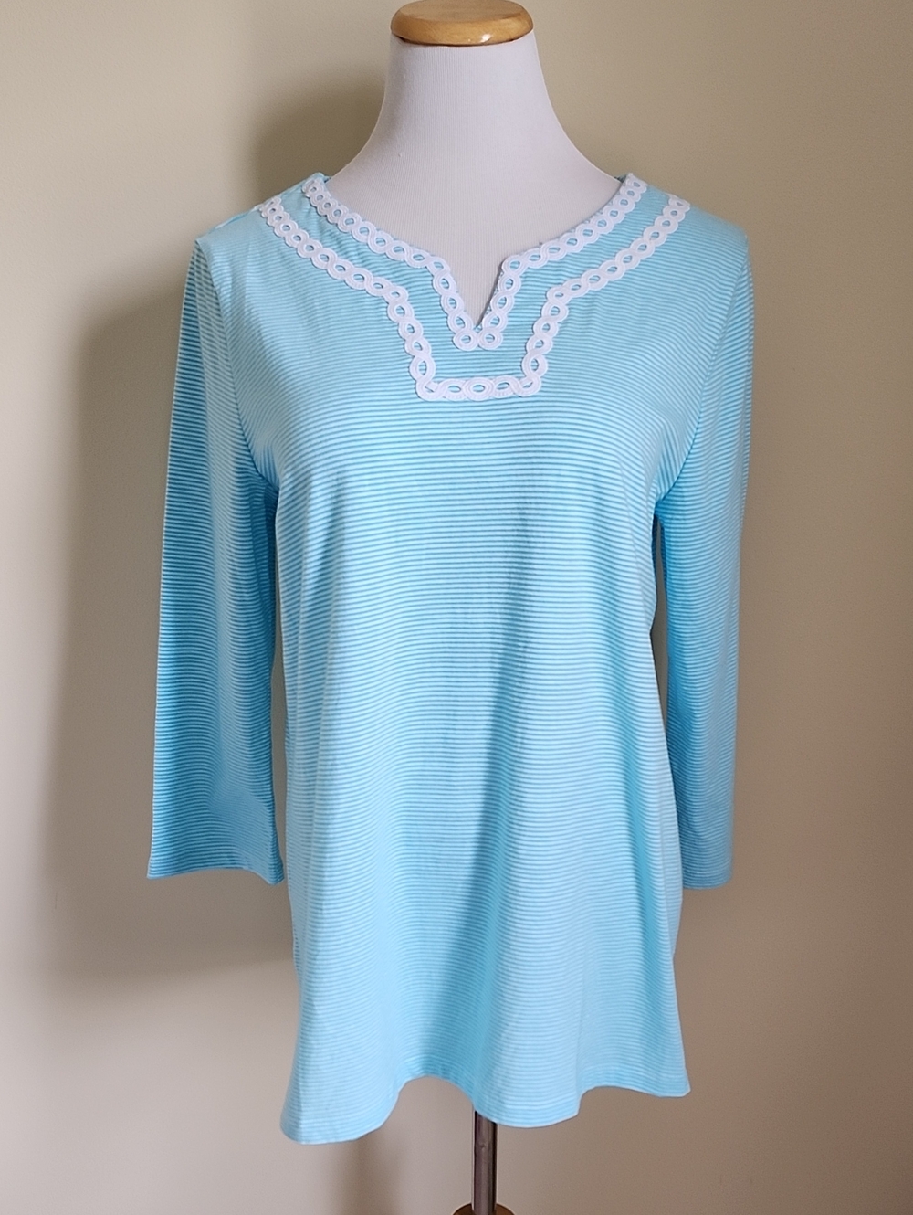 Talbots Pinstripe Tunic Top with White Decorative Trim